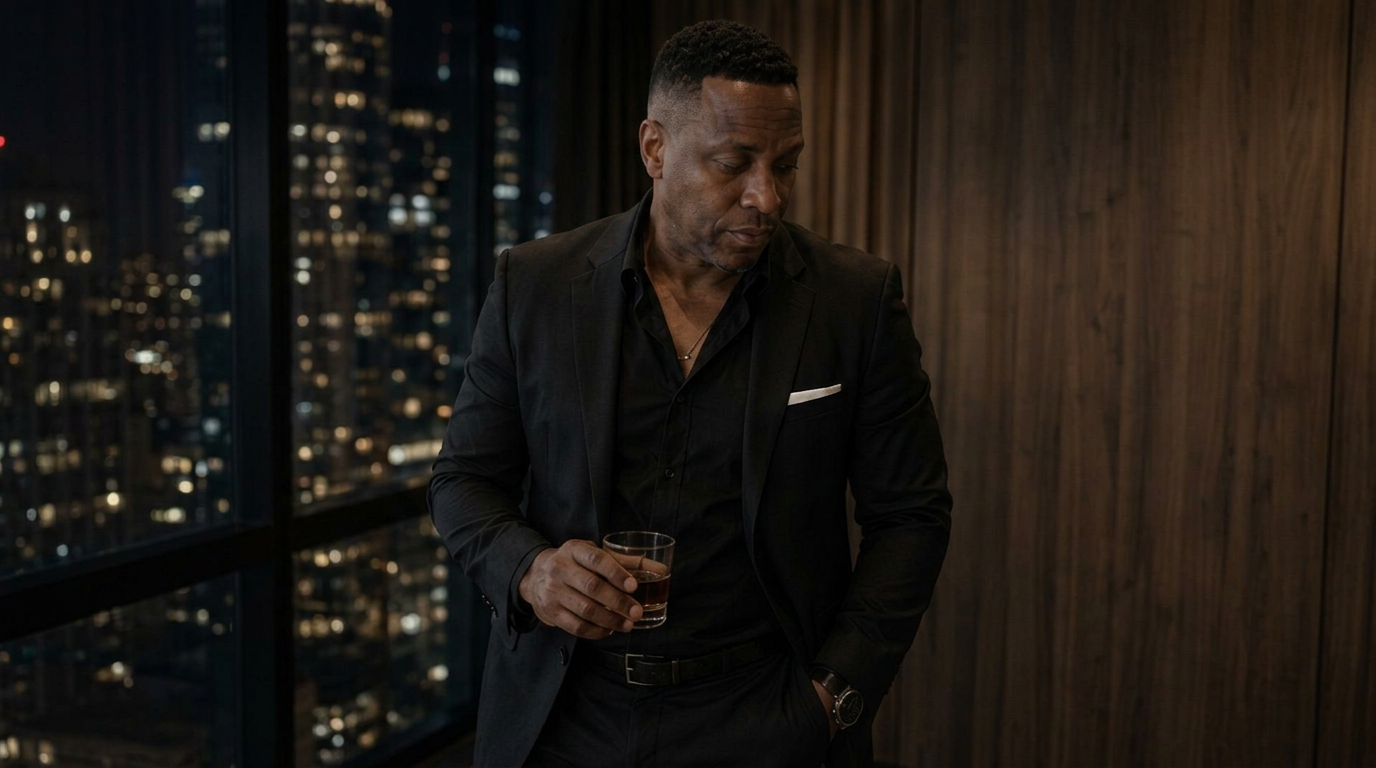 Mr. Shadow — founder of Shadow Records Inc. in a tailored suit overlooking the city skyline at night